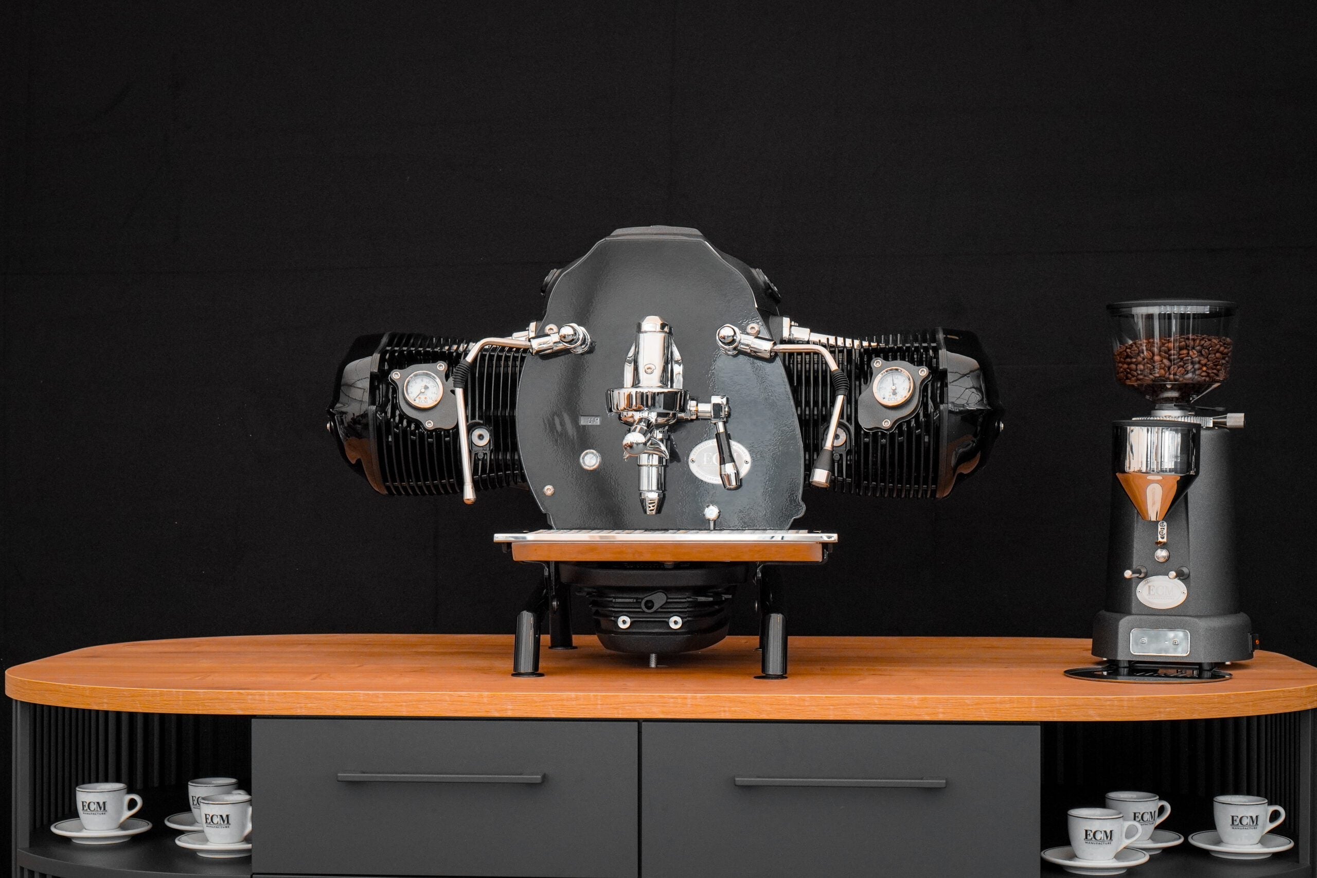 ECM Big Coffee Boxer espresso machine built from a BMW R 18 boxer engine, front view
