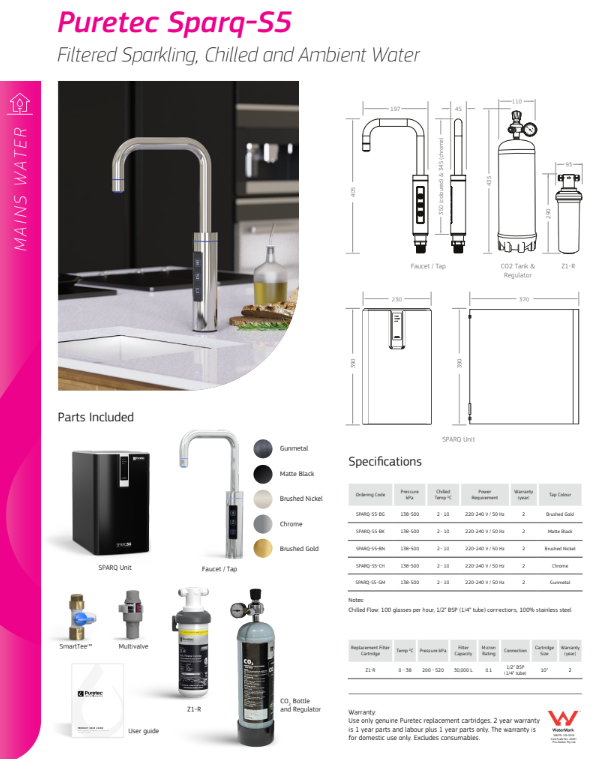 PURETEC SPARQ S5 - Filtered Sparkling, Chilled & Ambient Water on tap - Black